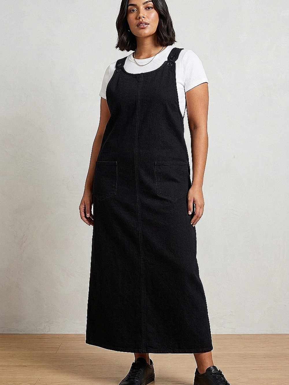 Petite Sophisticate Black Denim Pinafore Maxi Overalls